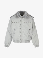 Studded Faux-Fur Collar Bomber Coat