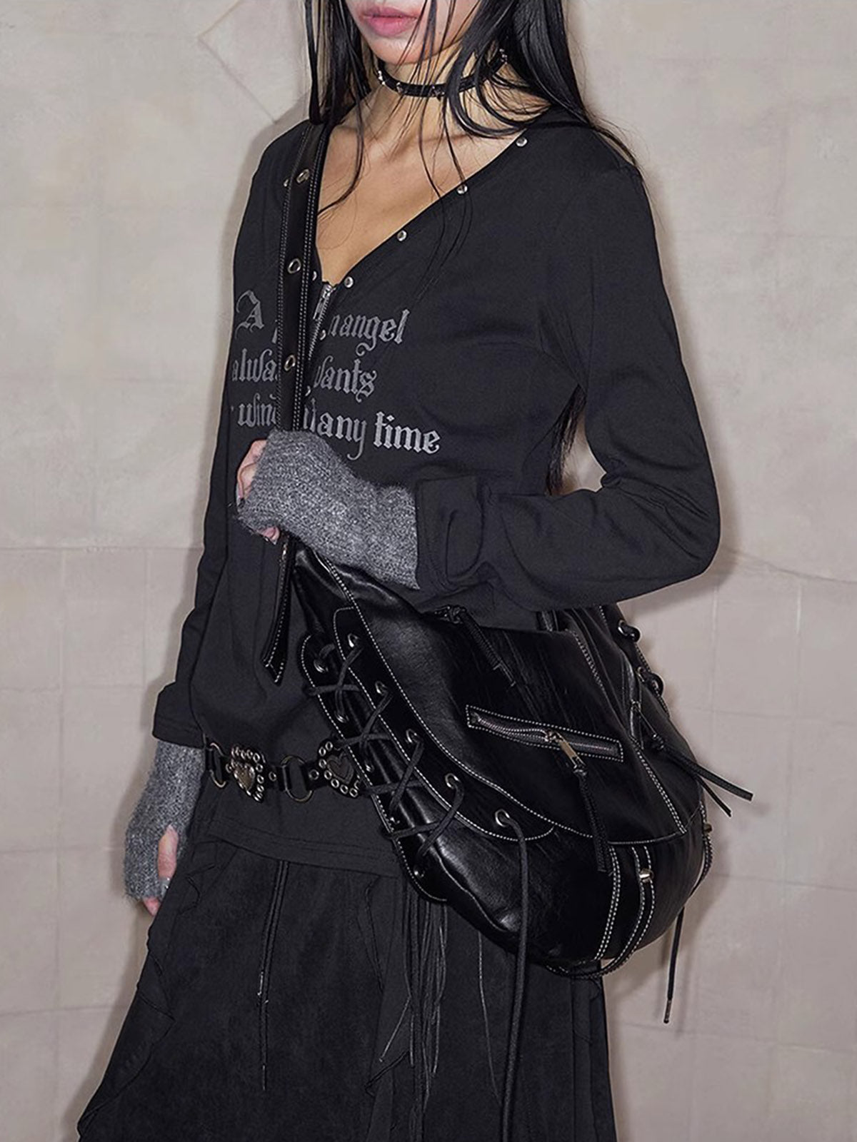 Lace-up Punk Motorcycle Metal Zipper Tote Bag 