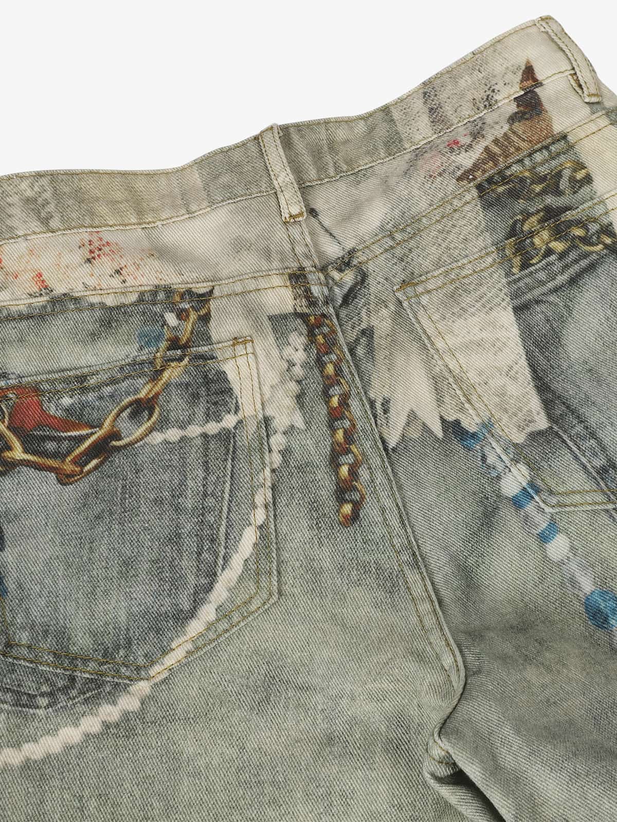 Retro Artistic Beaded Collage Print Straight Jeans 