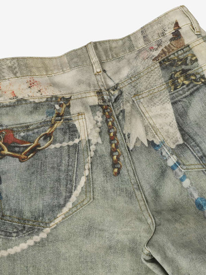 Retro Artistic Beaded Collage Print Straight Jeans 