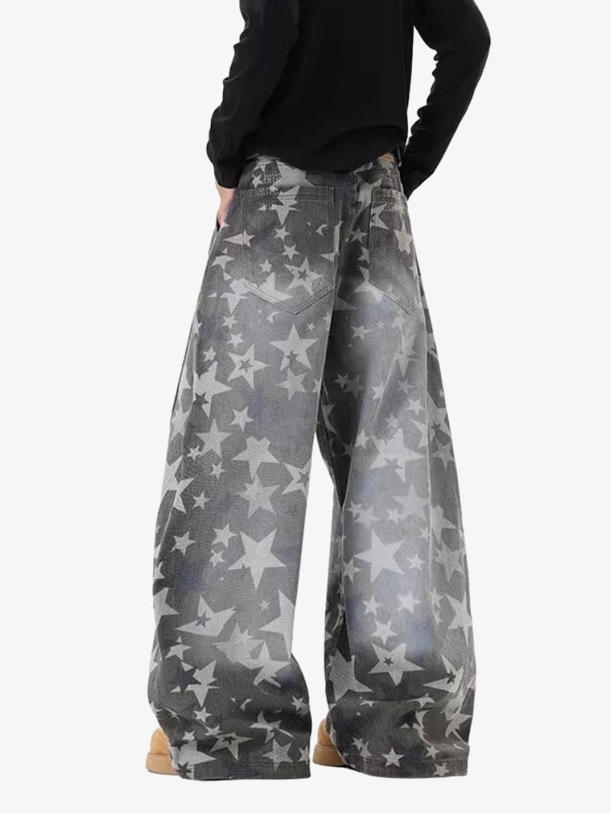 Denim Star Print Wide Leg Pants with Elastic Cuff for Casual Streetwear 