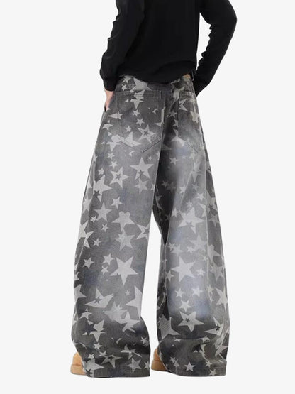 Denim Star Print Wide Leg Pants with Elastic Cuff for Casual Streetwear 