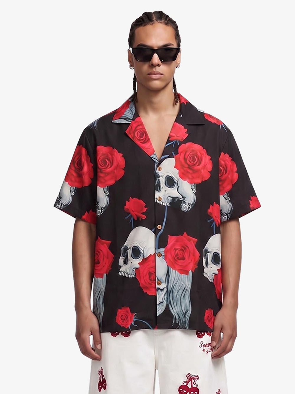 Gothic Skull Rose Camp Collar Boxy Shirt 