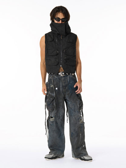 Distressed Cargo Denim Pants with Star Belt - Perfect for Edgy Street Style 