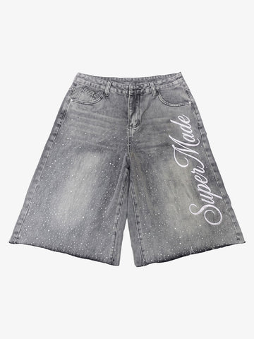 Embroidered Washed Denim Shorts