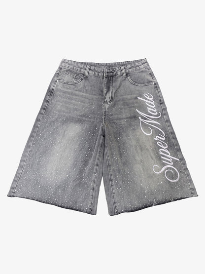 Embroidered Washed Denim Shorts