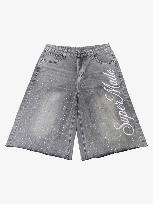 Embroidered Washed Denim Shorts