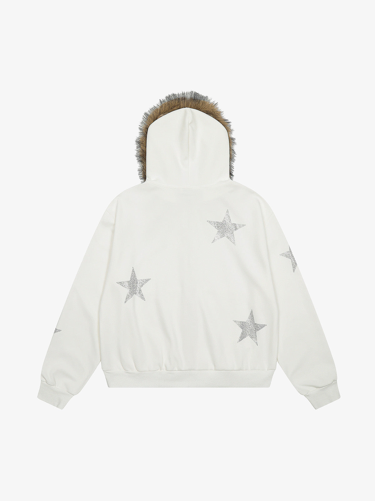 Star Rhinestone Fur Collar Zip-Up Hoodie
