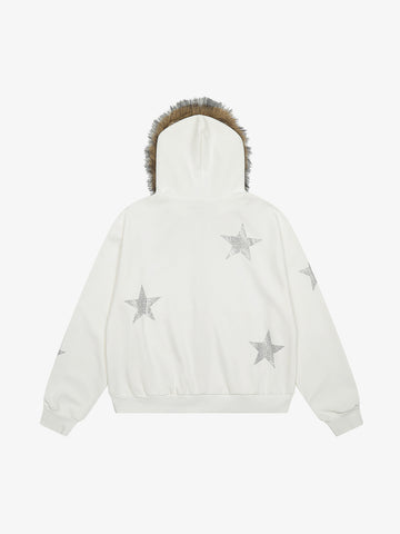 Star Rhinestone Fur Collar Zip-Up Hoodie