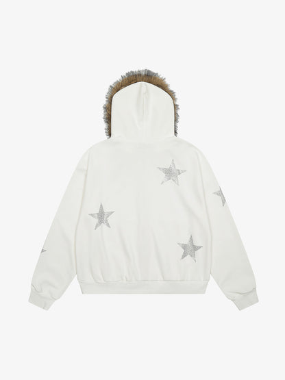 Star Rhinestone Fur Collar Zip-Up Hoodie
