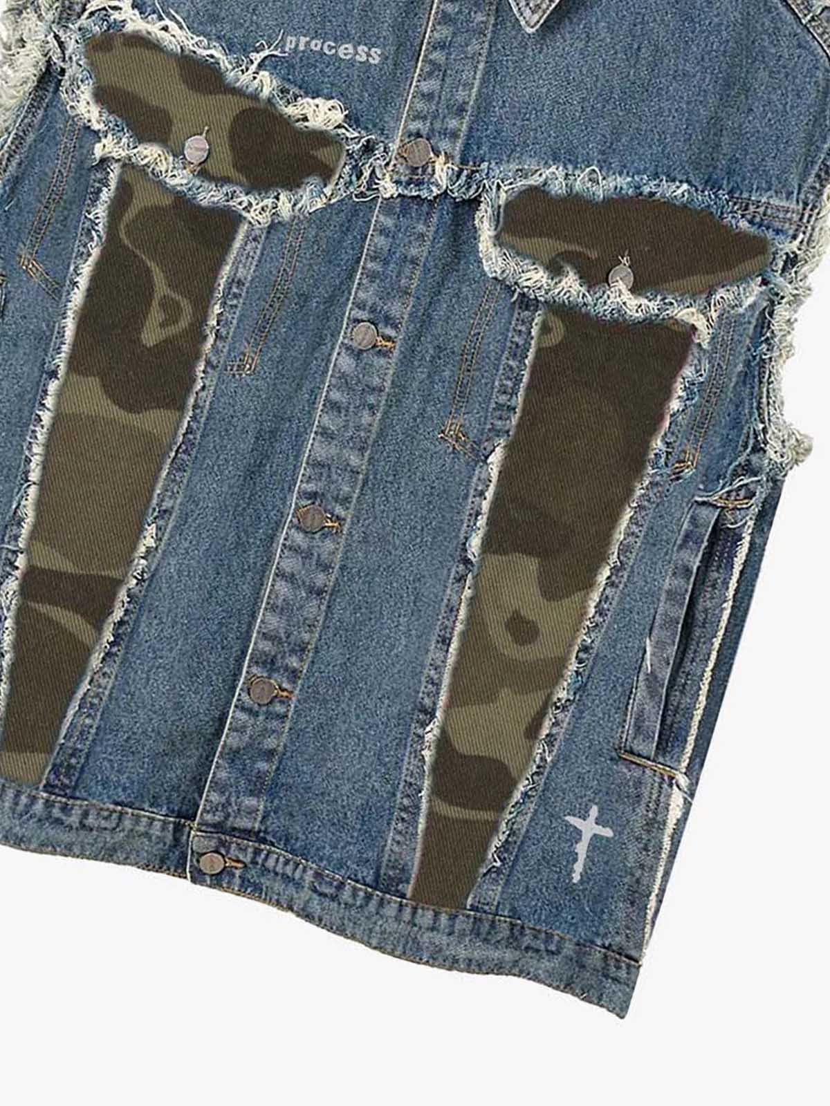 thesupermade-Denim Sleeveless Vest with Camouflage Patchwork and  Ripped Details ，cross pattern printing technology 