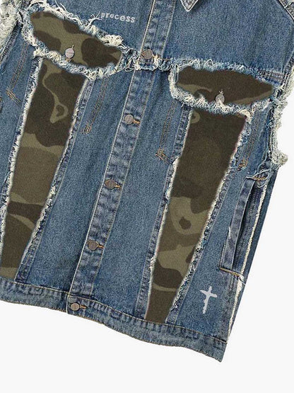 thesupermade-Denim Sleeveless Vest with Camouflage Patchwork and  Ripped Details ，cross pattern printing technology 