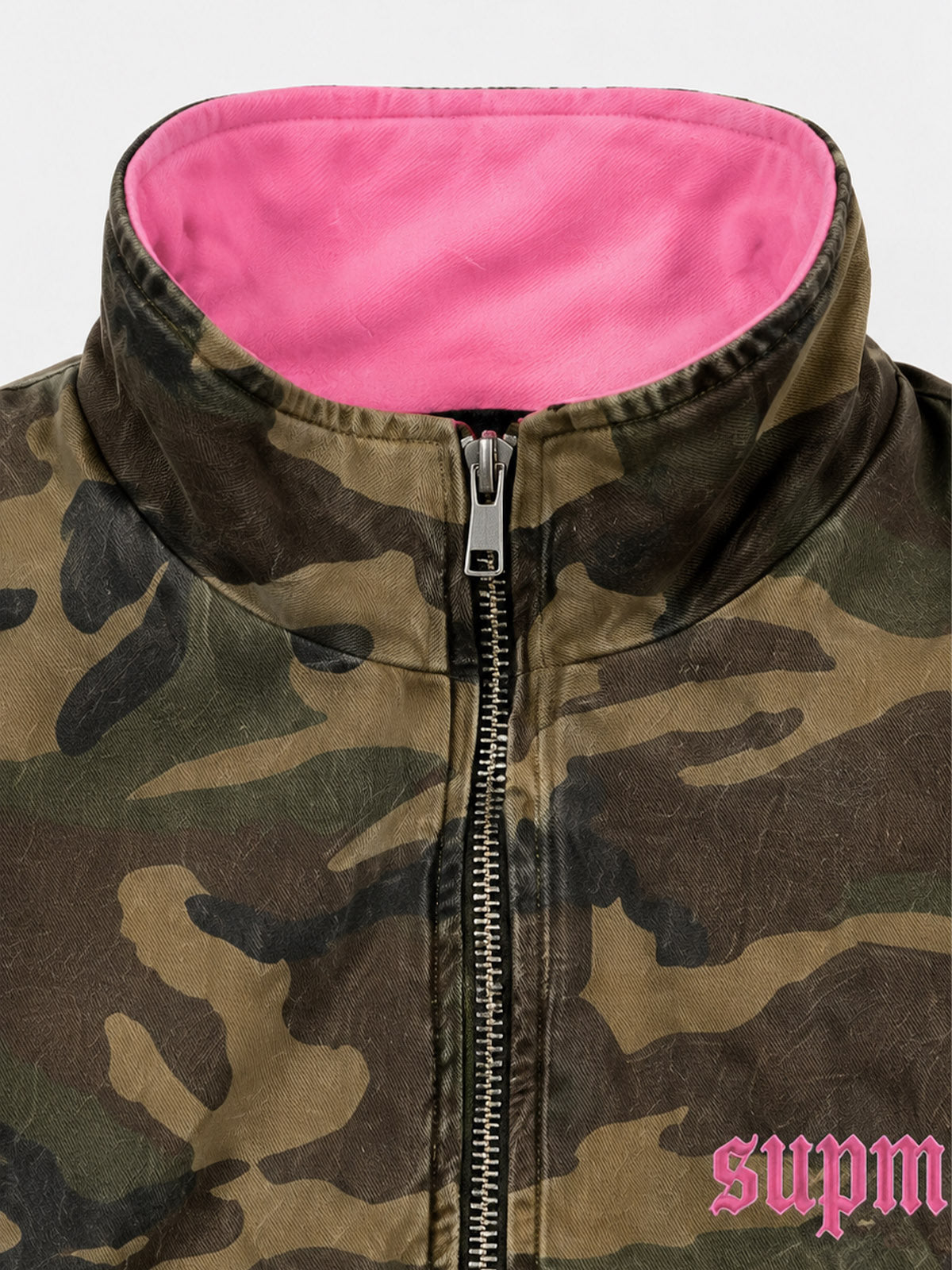 Pink Camo Embroidered Reversible Fleece Stand-Collar Jacket