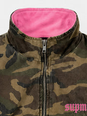 Pink Camo Embroidered Reversible Fleece Stand-Collar Jacket