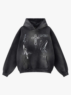 Vintage Dirty Wash Cross Graphic Hoodie 