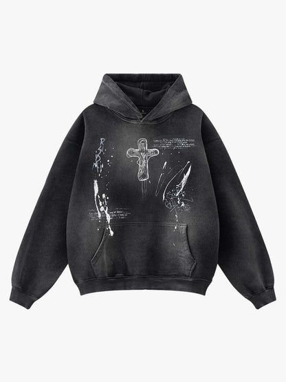 Vintage Dirty Wash Cross Graphic Hoodie 