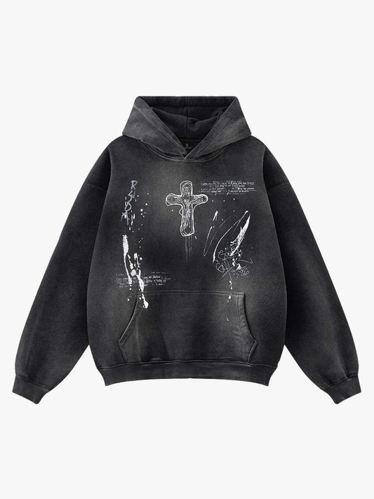 Vintage Dirty Wash Cross Graphic Hoodie 