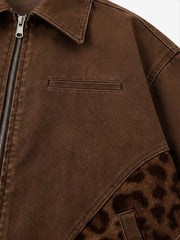 Leopard Print Panel Zip-Up Jacket
