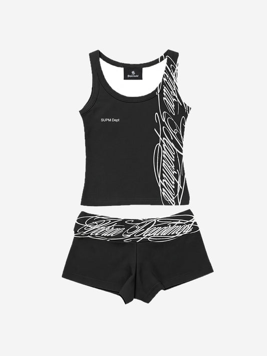 Conjunto de tanque con estampado de grafiti y camuflaje Y2K