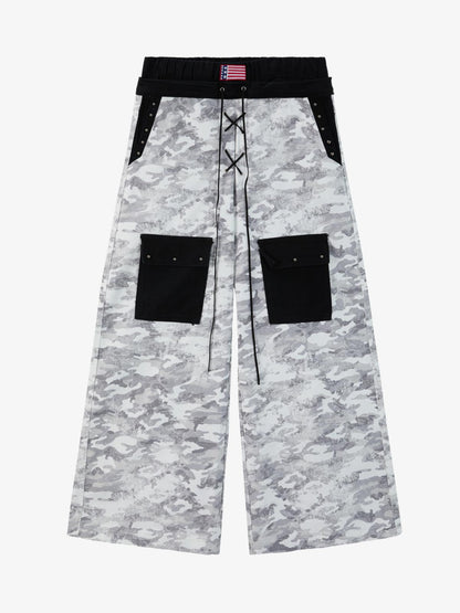 Cotton Blend Camouflage Wide Leg Pants with Drawstring Waist and Flag Patch 