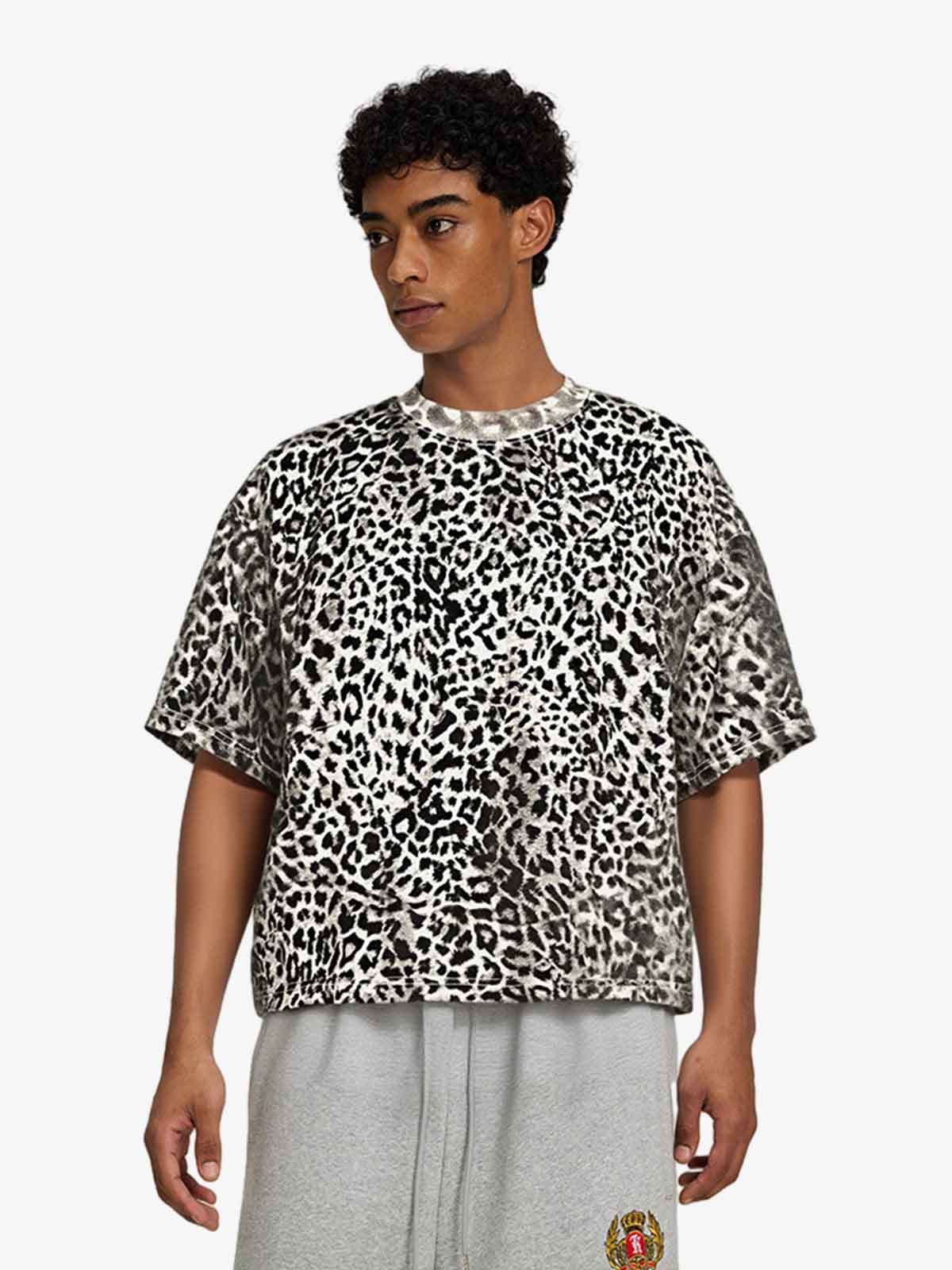 210G Cotton Leopard Print Oversized T-Shirt for Men Fashion Streetwear 