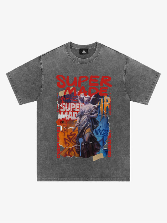 Cotton Blend SUPERMADE Sculpture Sraffiti Sticker Pattern T-Shirt 