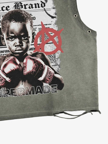 Distressed Olive Crop Top with Boxing Graphic Print – Grommet Detail Streetwear Tank