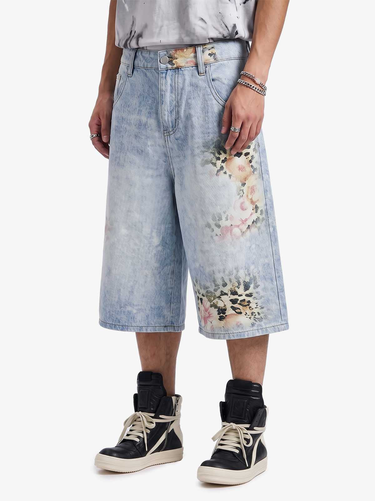 Light Wash Denim Shorts with Floral & Leopard Details