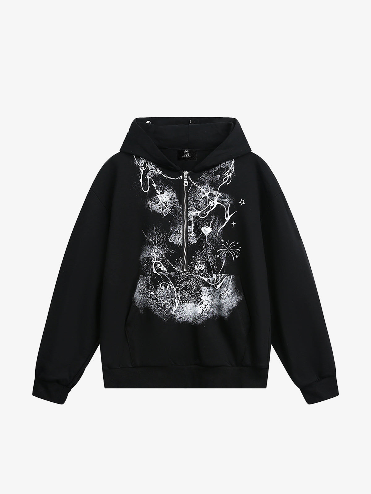 Thesupermade Detachable Fur Collar Half-zip Printed Hooded Cardigan Sweatshirt 