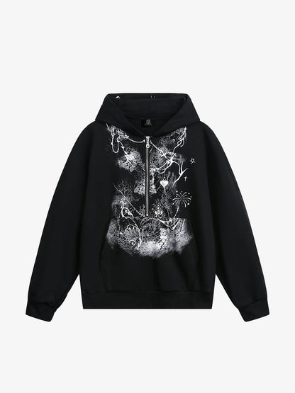 Thesupermade Detachable Fur Collar Half-zip Printed Hooded Cardigan Sweatshirt 