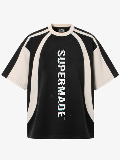 Thesupermade Vertical Glitch Art Deconstruction Contrast Color Stitching Print T-shirt 