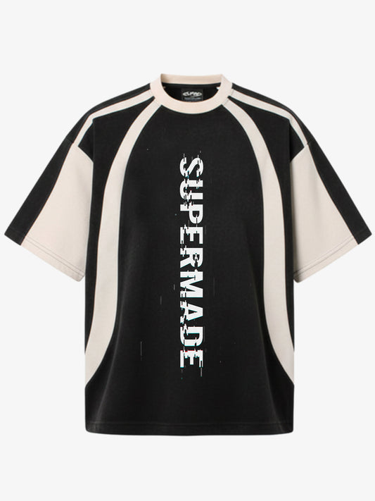 Thesupermade Vertical Glitch Art Deconstruction Contrast Color Stitching Print T-shirt 