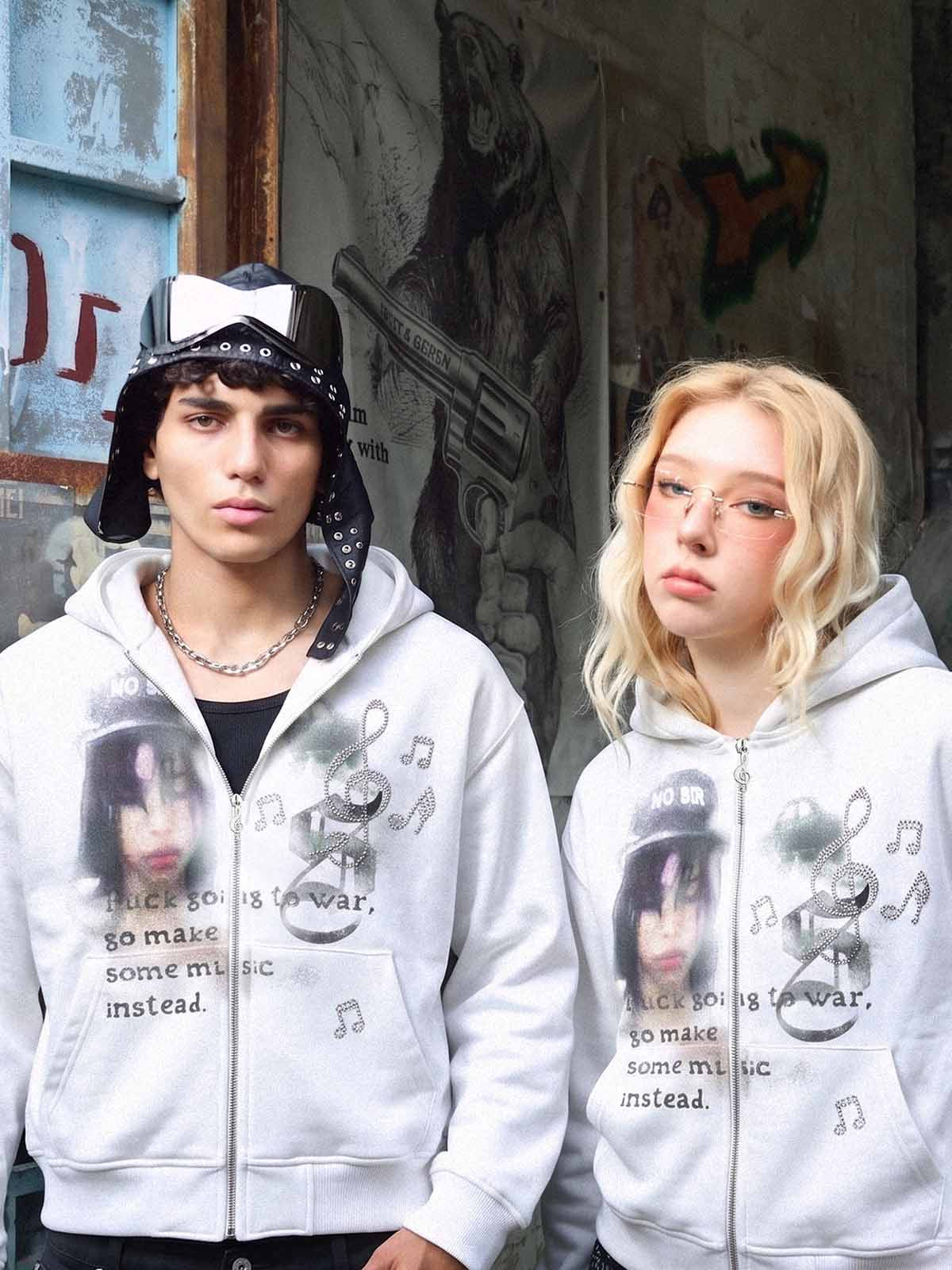 Portrait Music Note Rhinestone Zip Hoodie