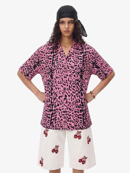 Cyber Punk Leopard Print Camp Collar Boxy Shirt 
