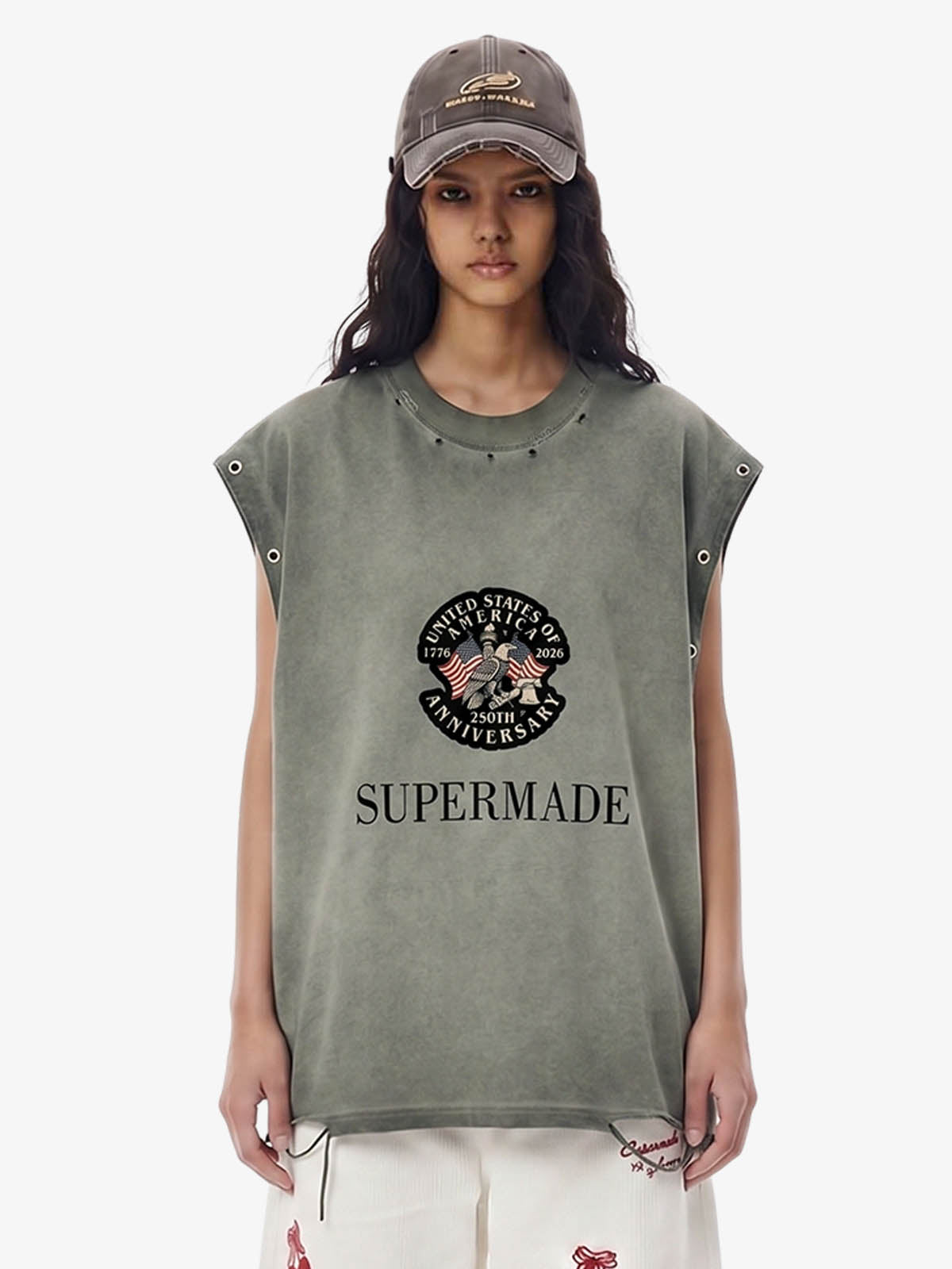Grommet Side Washed Sleeveless T-Shirt 