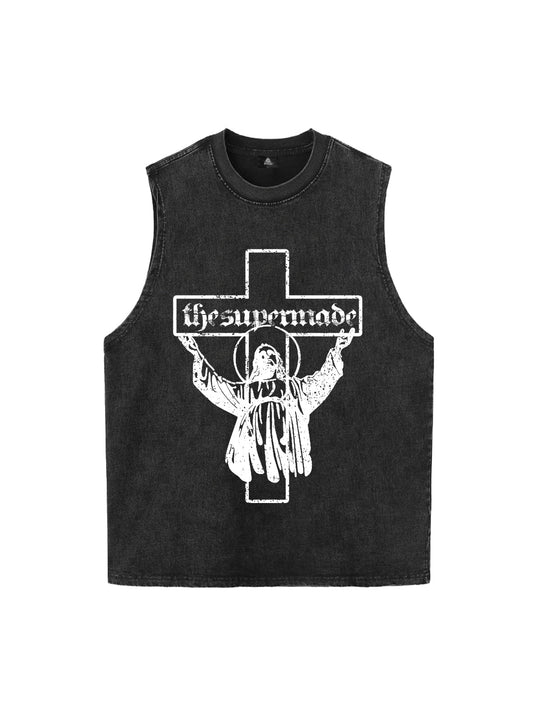 Distressed Cross Graphic Vest 