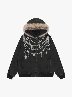 Stylish Chain-Printed Hoodie with Faux Fur Trim for Winter Fashion 