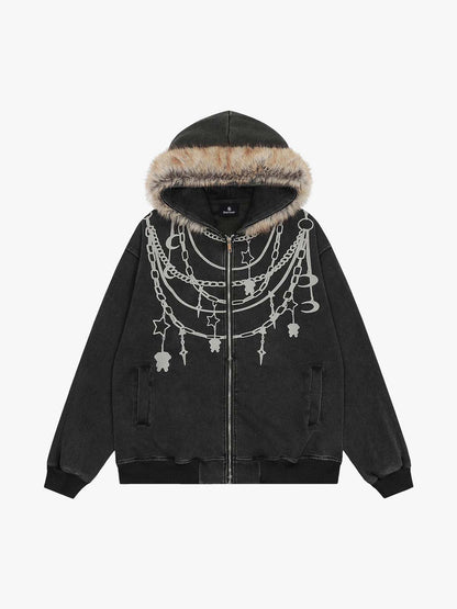 Stylish Chain-Printed Hoodie with Faux Fur Trim for Winter Fashion 