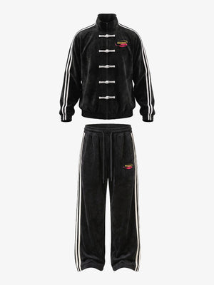 Logo Striped Suede Frog-Button Two-Piece Set
