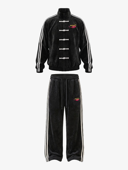 Logo Striped Suede Frog-Button Two-Piece Set