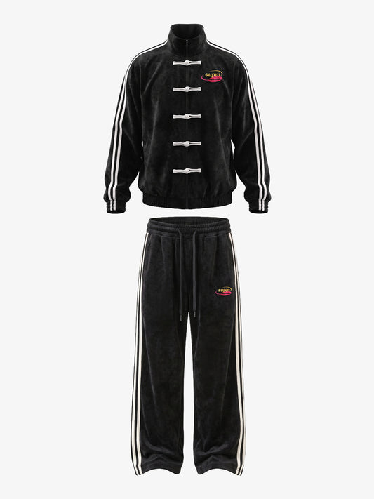 Logo Striped Suede Frog-Button Two-Piece Set