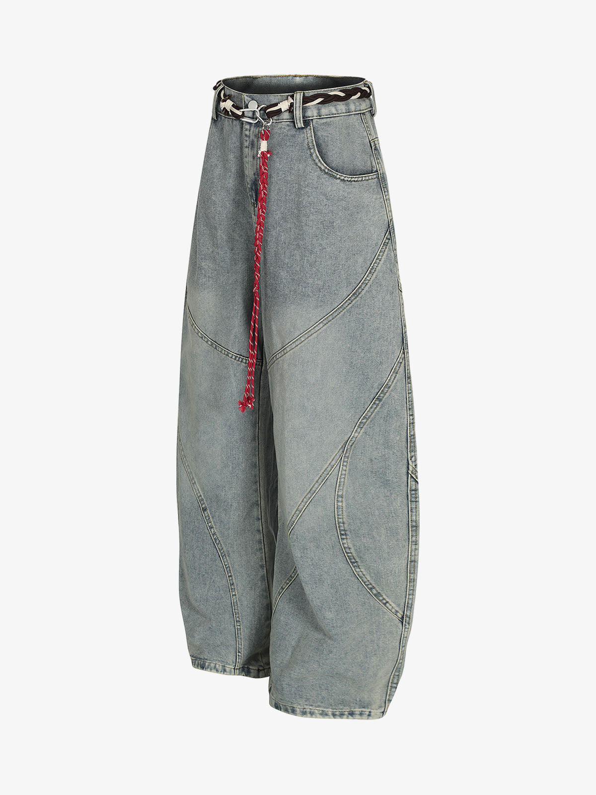 Denim Retro Belt Detail With Patchwork Barrel Jeans - 2490 