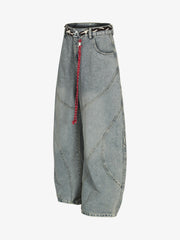 Denim Retro Belt Detail With Patchwork Barrel Jeans - 2490 