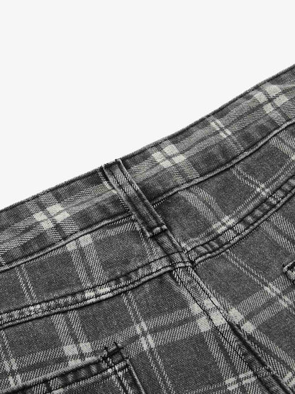 Plaid Wide Leg Barrel Denim Jeans