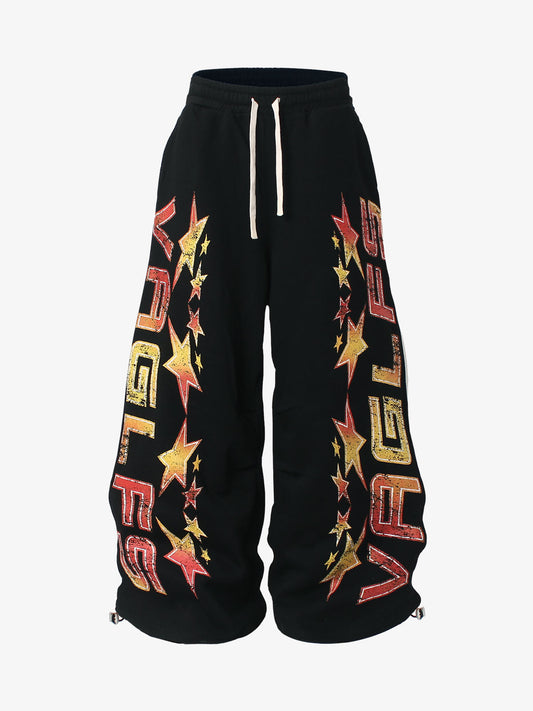 Retro Contrast Letter Star Print Fleece-Lined Sweatpants 