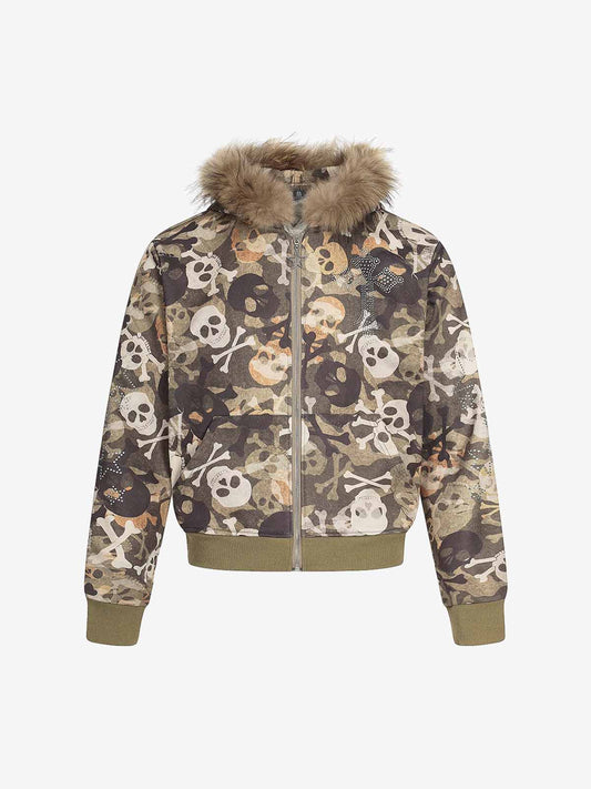 Camouflage Skull Print Bomber Jacket with Faux Fur Hood Trim 