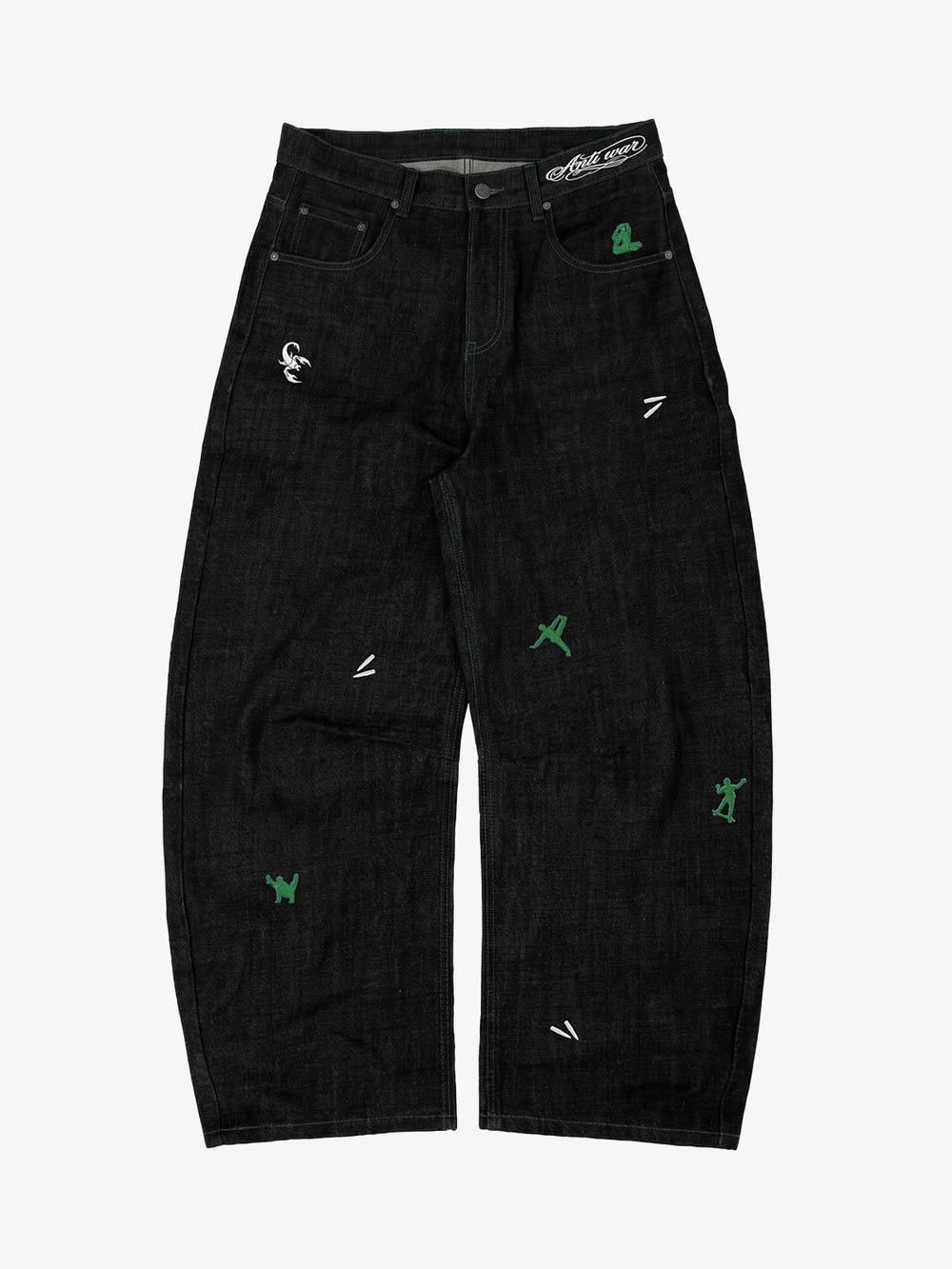 Green Soldier Embroidered Raw-Denim Banana Jeans