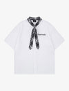 Plaid Scarf Sleeve Waffle Shirt with Letter Embroidery