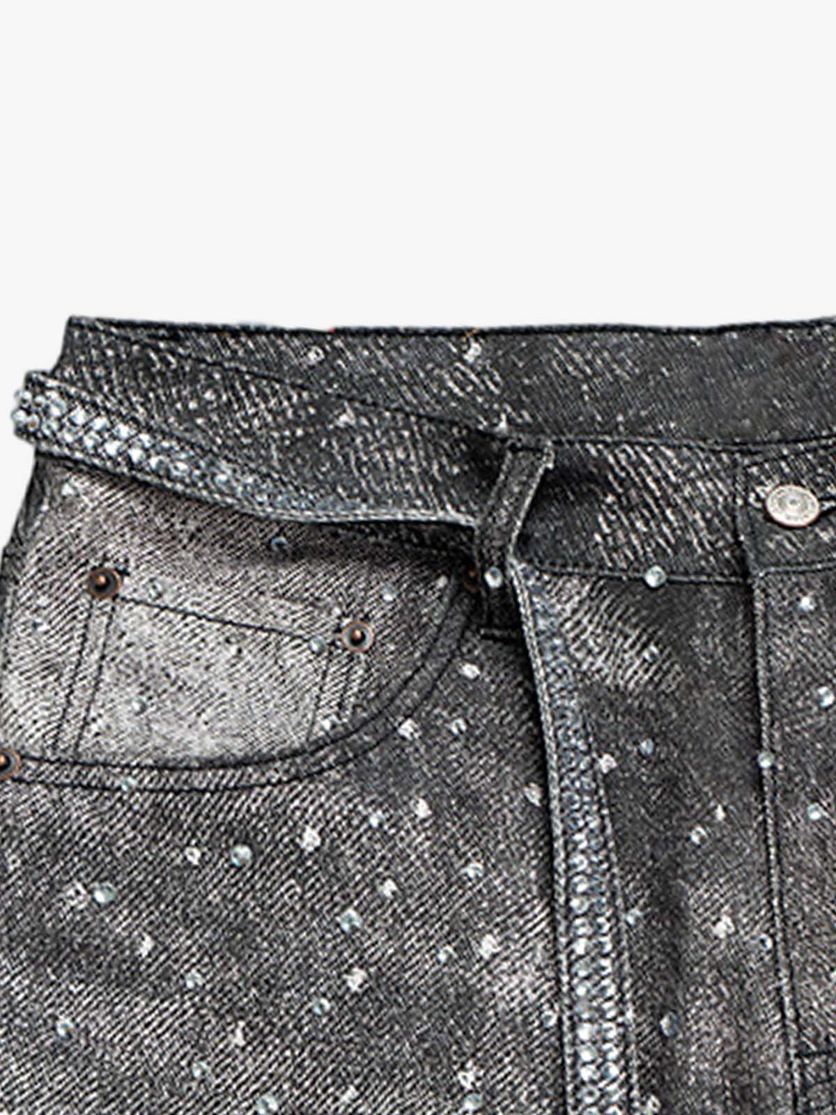 Denim Distressed Belt Diamond Decorated Jeans 