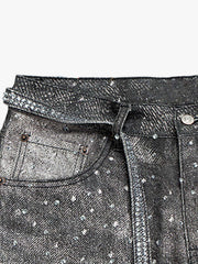 Denim Distressed Belt Diamond Decorated Jeans 